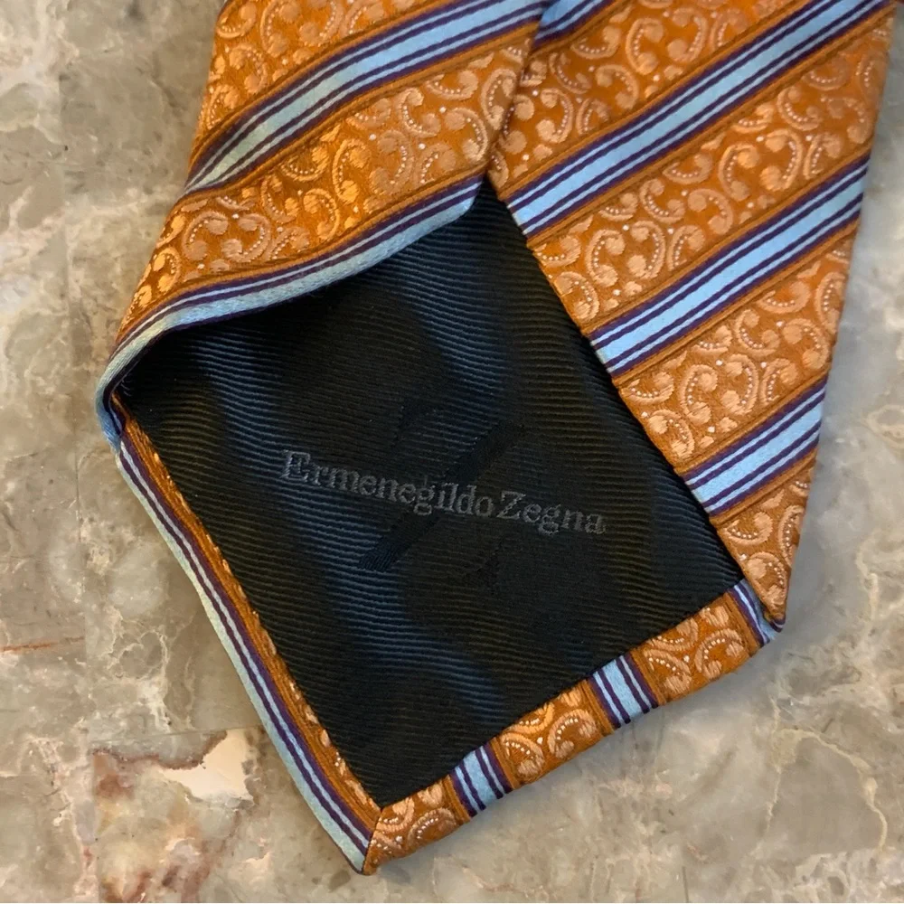 Ermenegildo Zegna Z Orange Silk Tie Men’s Dress Formal Striped Blue Preppy!